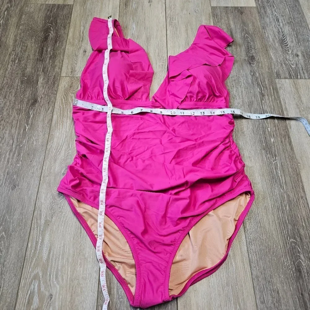 J. Crew Ruched V Neck Ruffle One Piece Swimsuit Women's Plus 20 Fuchsia Pink